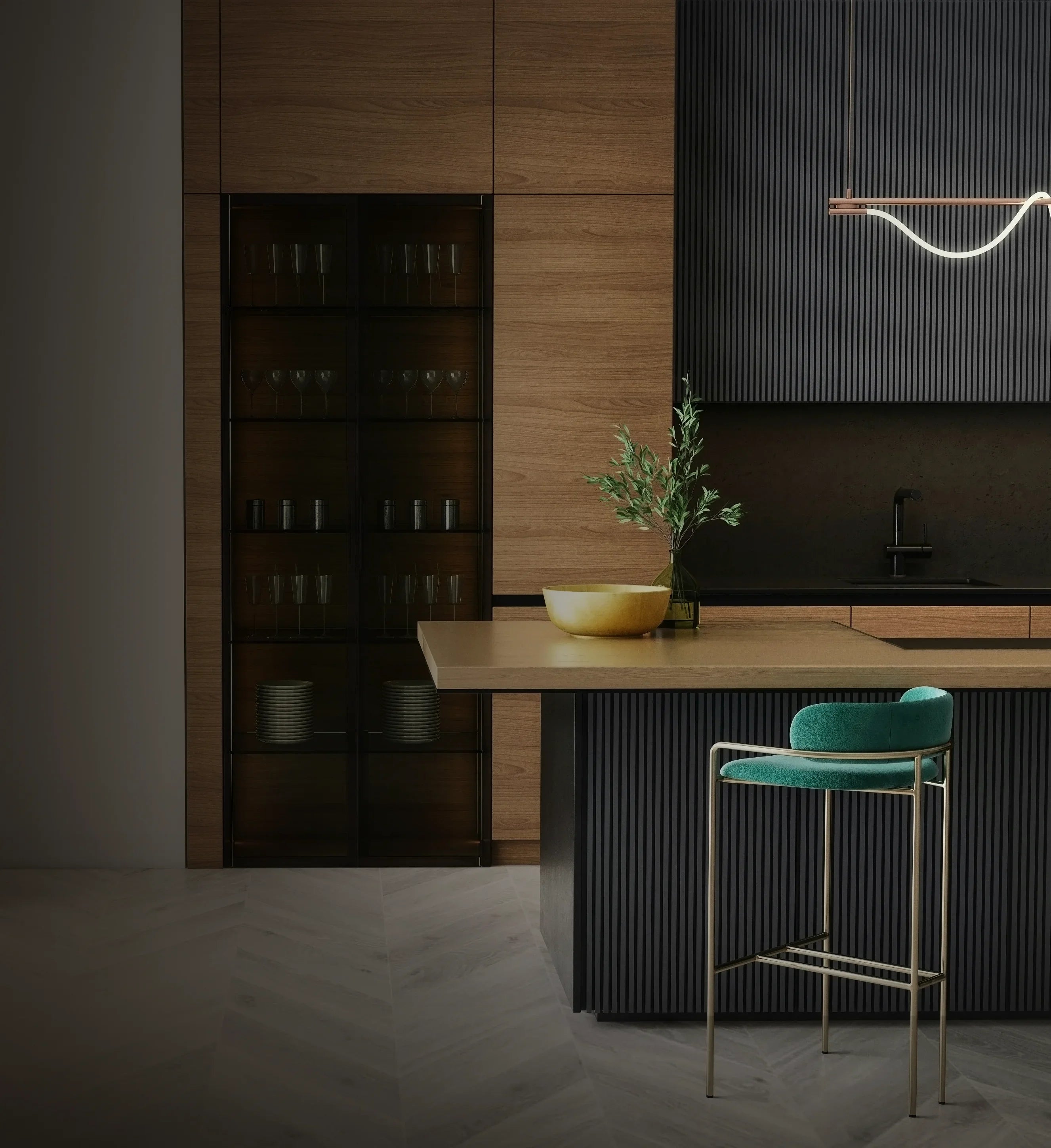 Modern residential lighting supplies featuring three matte black cylindrical pendant lights over a white kitchen island.